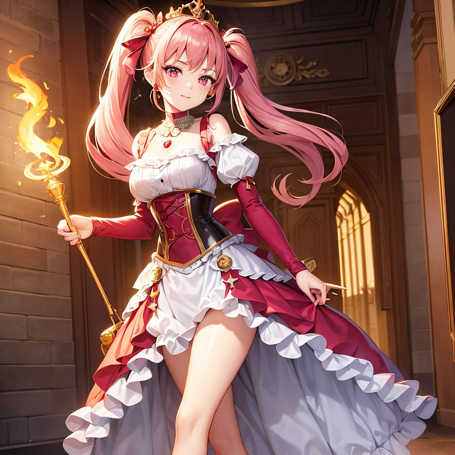 Pretty 15 years old princess, drawn in anime style, is cute and happy, long red pigtails hair, pink eyes, small breast, makeup and lipstick, steampunk, red and white ball gown with puffy sleeves, petticoat, bustle, corset, hair ribbons, white elbow gloves, ruby earrings and necklace, gold tiara, high heels, wielding a fire magic staff, walking in castle hallway, highly detailed, 4K.