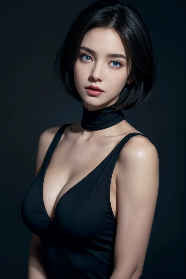 Skin Tight Black Top:1.2, Looking at Viewer, Cinematic lighting, Perfect, softlight, High resolution skin:1.2, Realistic skin texture, Realistic face, off shoulders,Bust B Cup、 Exposed cleavage, Blue eyes, Short hair, dark brown hair、