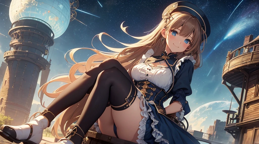 top-quality、Top image quality、​masterpiece、girl riding a magic bike((24 year old、Best Bust、big bast、Bust 90,Beautiful blue eyes、,Brown hair long hair、A slender、a closeup、Esbian、Gothic Maid costume、pinafore、hiquality、Beautiful Art、Background with((starrysky)))masutepiece、visualart、depth of fields、low angle of morning sky、、A city that moves with gears、blimp、🎵、Happy smile、Gentle light、、Beautiful skins、beutiful breast、beautiful foot、welcome、、accurate fingers、Exact finger count、ticker grand town、steampunc、Lots of gears、Mechanical Town、chimney、Steam engines、Futuristic cities、magia