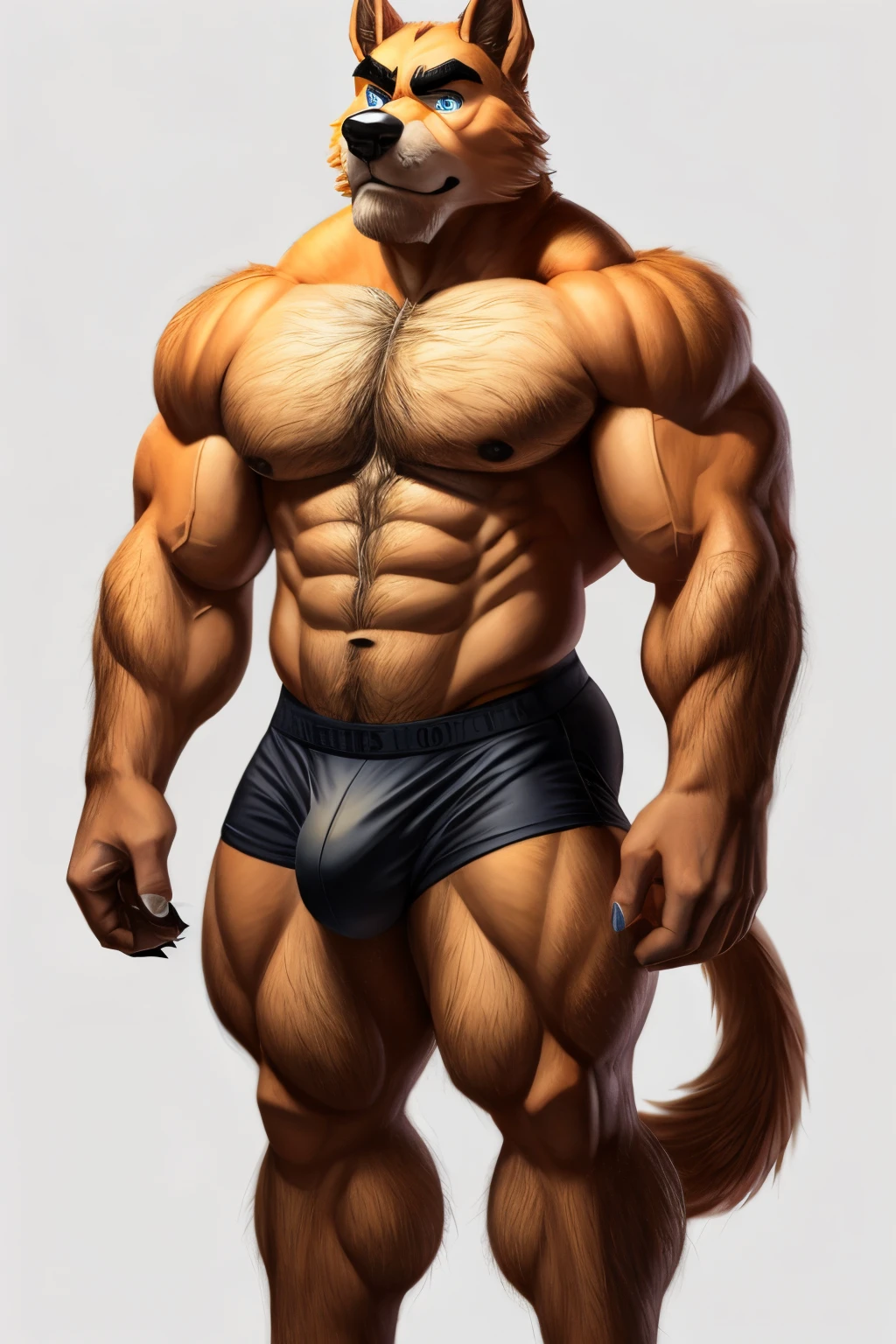 domestic dog, musculer, male, tall, orange body, blue eyes, eyebrows, big eyebrows, hairy eyebrows, fur, tan body, tan fur, black nose, muscular legs, muscular thighs, biceps, triceps, arm tuft, chest tuft, elbow tuft, hairy body, two tone body, two tone fur, two tone tail, 4 fingers, claws, fingers, white background, serious look, angry look, bulge, paws, plantigrade, small ears, ears up, standing, full body
