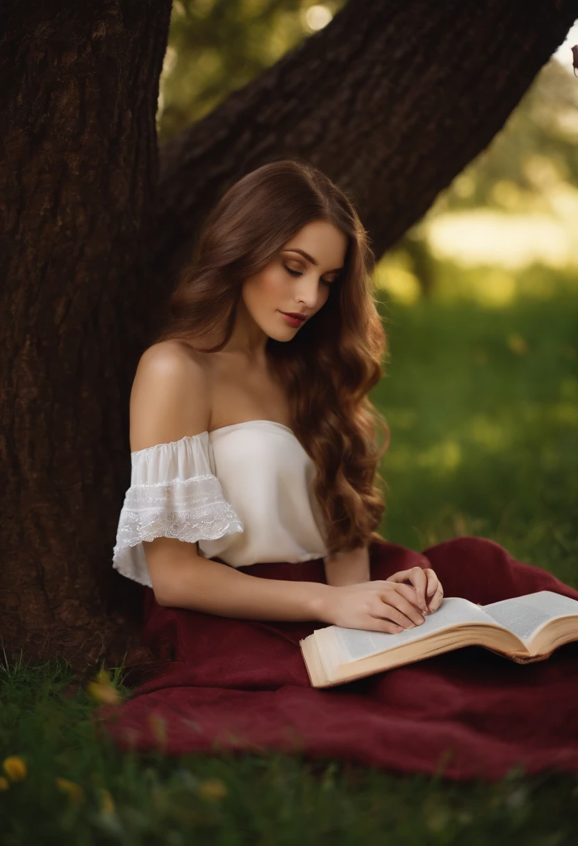 A photo of Bella sitting on a blanket in her backyard, with 'The Picture of Dorian Gray' open in front of her and a soft smile on her face as she reads.,Twilight Saga,Bella is a girl with a heart shaped face. She has pale skin and chocolate brown eyes. Her hair is the same colour as mahogany. , female