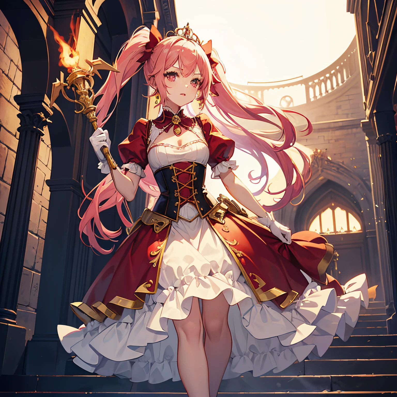 Pretty 15 years old princess, drawn in anime style, is cute and happy, long red pigtails hair, pink eyes, small breast, makeup and lipstick, steampunk, red and white ball gown with puffy sleeves, petticoat, bustle, corset, hair ribbons, white elbow gloves, ruby earrings and necklace, gold tiara, high heels, wielding a fire magic staff, walking in castle hallway, highly detailed, 4K.