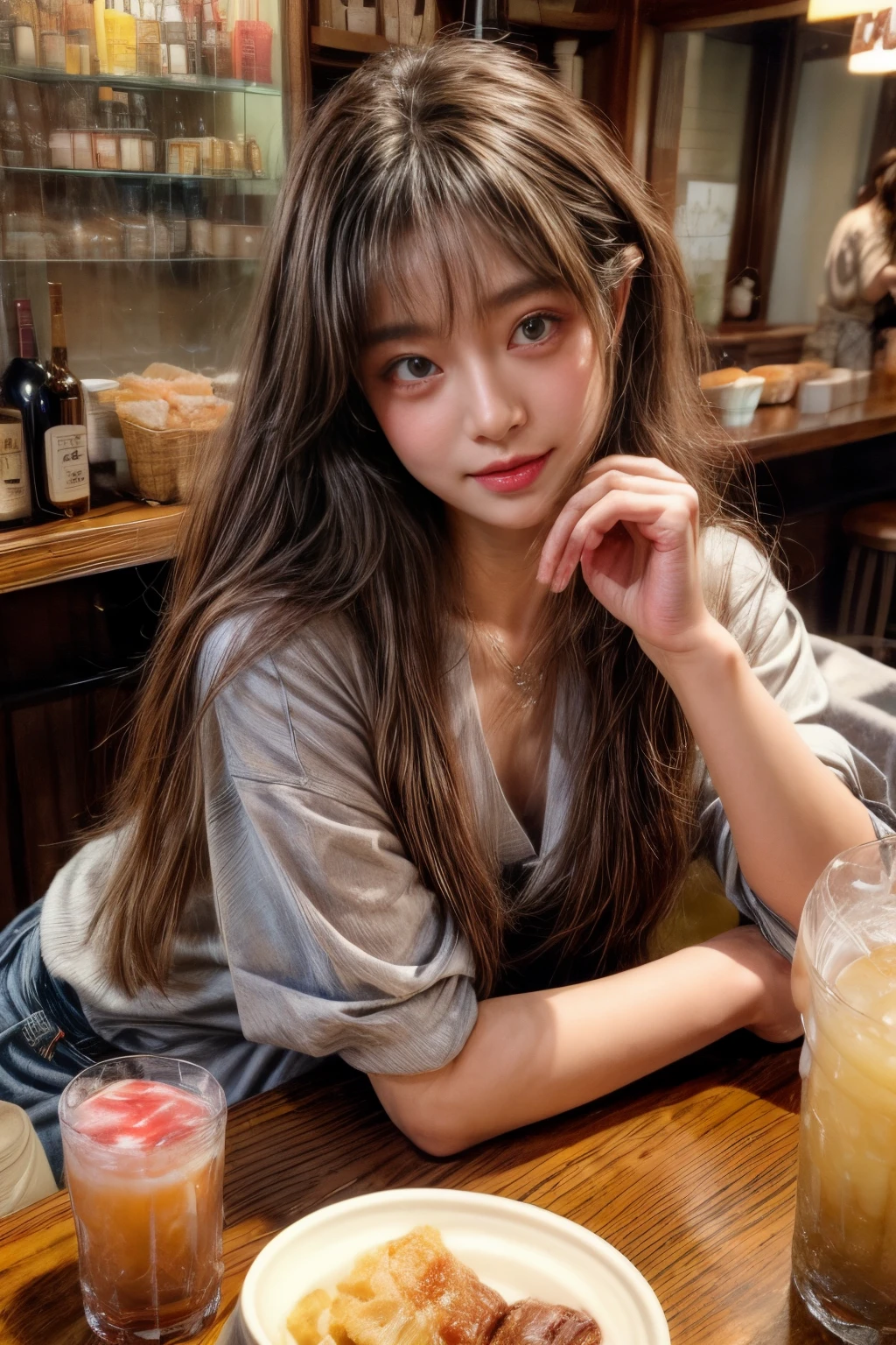 masterpiece、8K、32K、top-quality、(A detailed eye)、(A cute Japanese woman、bangss)、23years old、1 girl in、elegent、(Detailed background depiction、portlate:1.2)、(blushed face、ssmile:1.4)、Be undress、(Izakaya、Inside a store with many people:1.3)、sitting on、(food and drinks on the table:1.4)、cowboy shot、(get drunk:1.7)