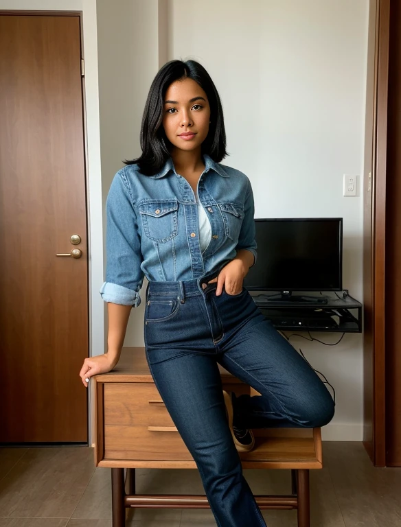 Realistic portrayal:1.2, photorealistic, deliberate, 4k, Alex from Totally Spies! beautiful warm-almond skin, sleek black hair in a bob that sits at her cheeks, and light honey-brown eyes.wearing a full body denim outfit, wide-angle shot
