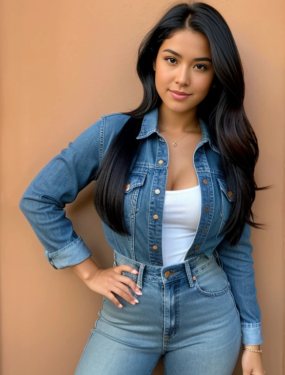 Realistic portrayal:1.2, photorealistic, deliberate, 4k, Alex from Totally Spies! beautiful warm-almond skin, sleek black hair in a bob that sits at her cheeks, and light honey-brown eyes.wearing a full body denim outfit, wide-angle shot