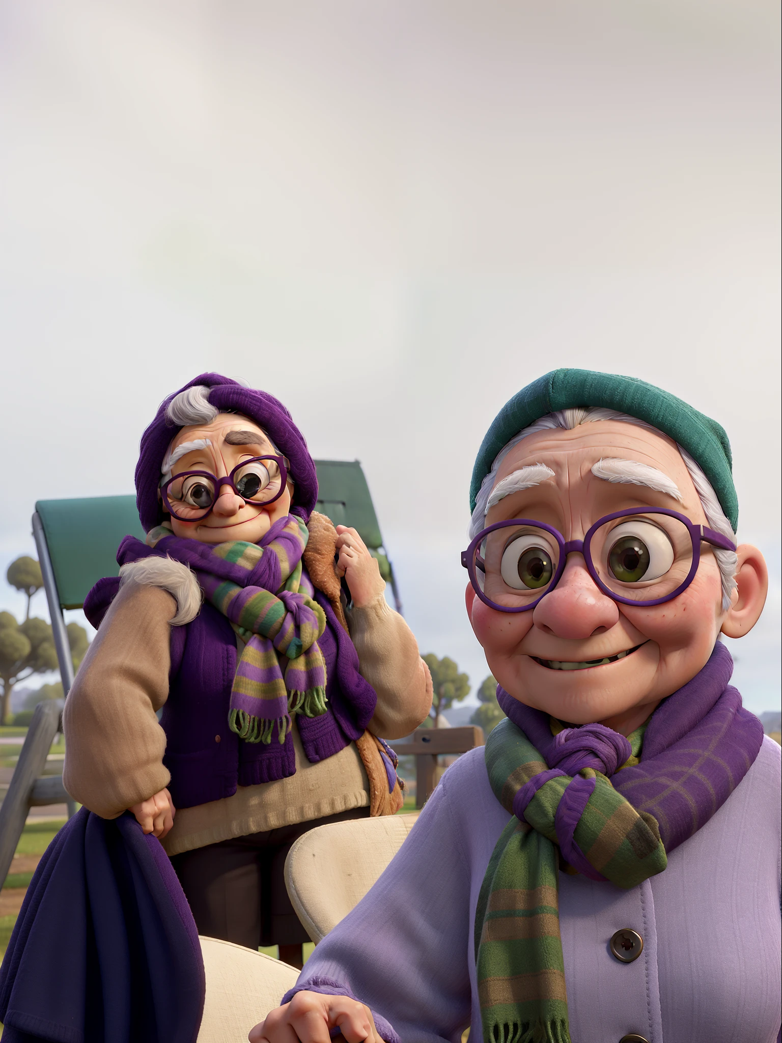 masterpiece, best quality, an old woman with glasses and a scarf on, wearing a purple coat and green scarf, standing at the park
