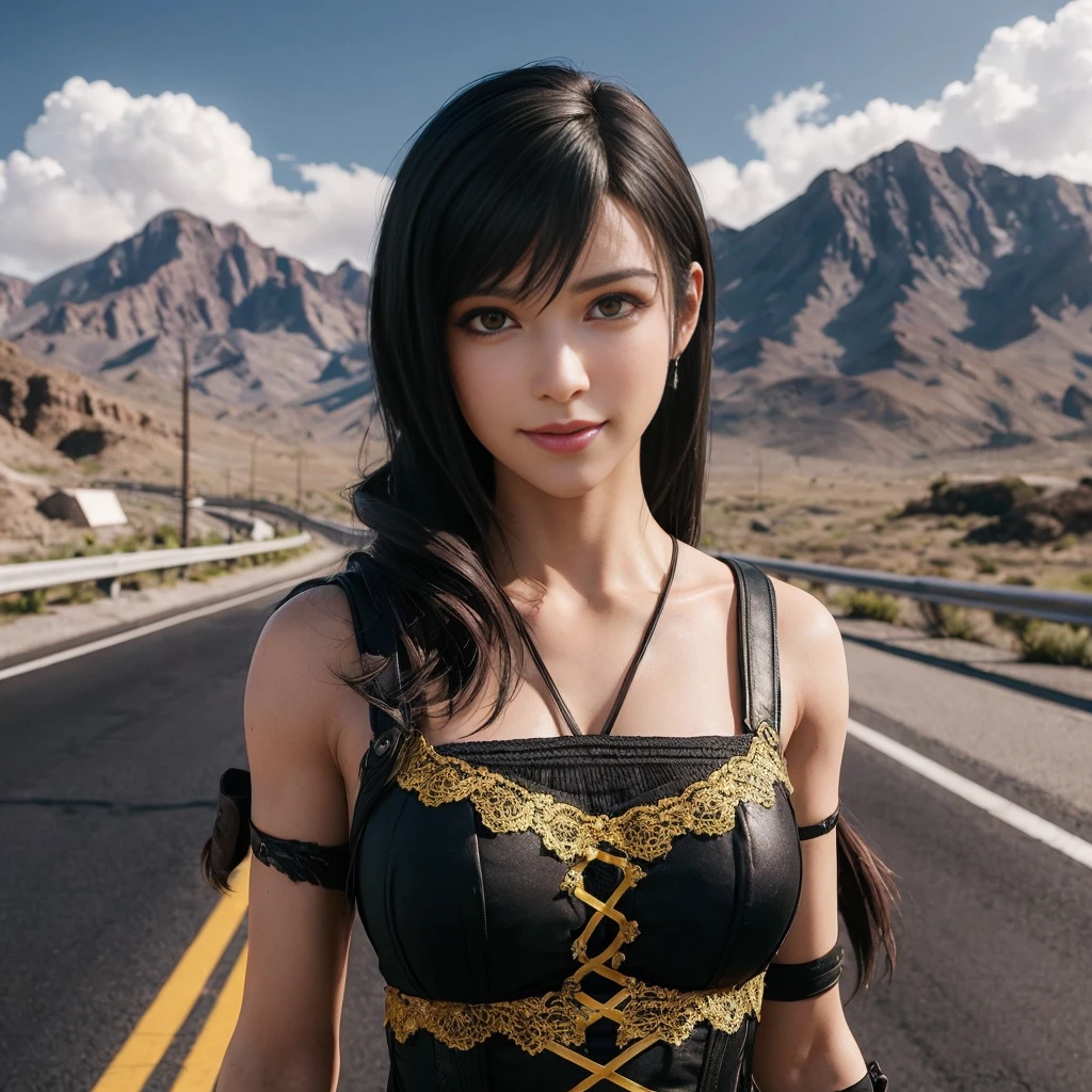 (best quality,ultra-detalhado),(Realistic:1.37),Tifa Lockhart, Rosto bonito e detalhado, maquiagem preta nos olhos, cute smile expression, textura ultra realista, rosto delicado, corpo delicado, Fit physique, usando batom e brilho labial