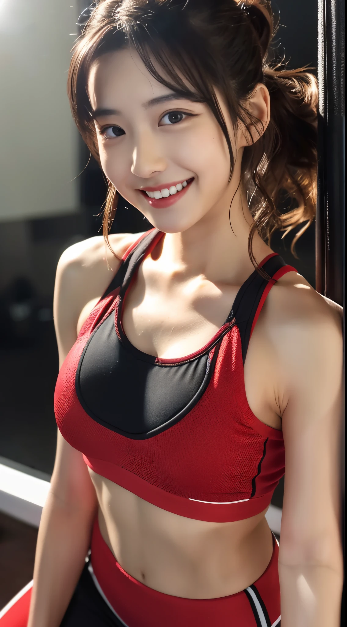 ((Best Quality)), ((masutepiece)), (Cinematic aesthetics:1.4) beautiful korean fashion model，wearing gym clothes at the gym，cool black and red gym wear，Great smile，Hair is wavy and ponytail，brown haired，