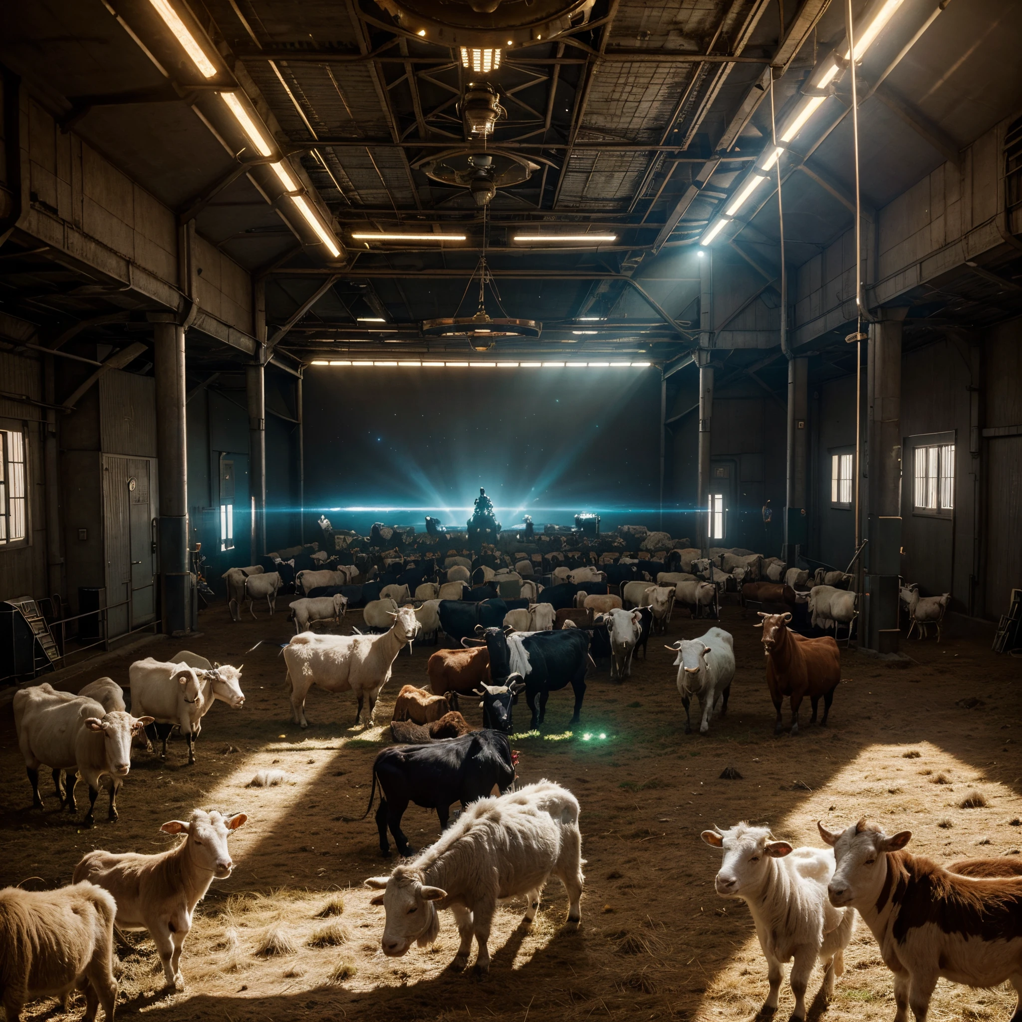 Futuristic Animal farm full of cows, goats and sheep all grouped separately, lights in the room shining a beautiful and vibrant light, cosmic art, cinematic scene, artgerm style, 32k, ultra HD, unreal engine rendered, hyper-realistic  image, sci-fi art, afrofuturism