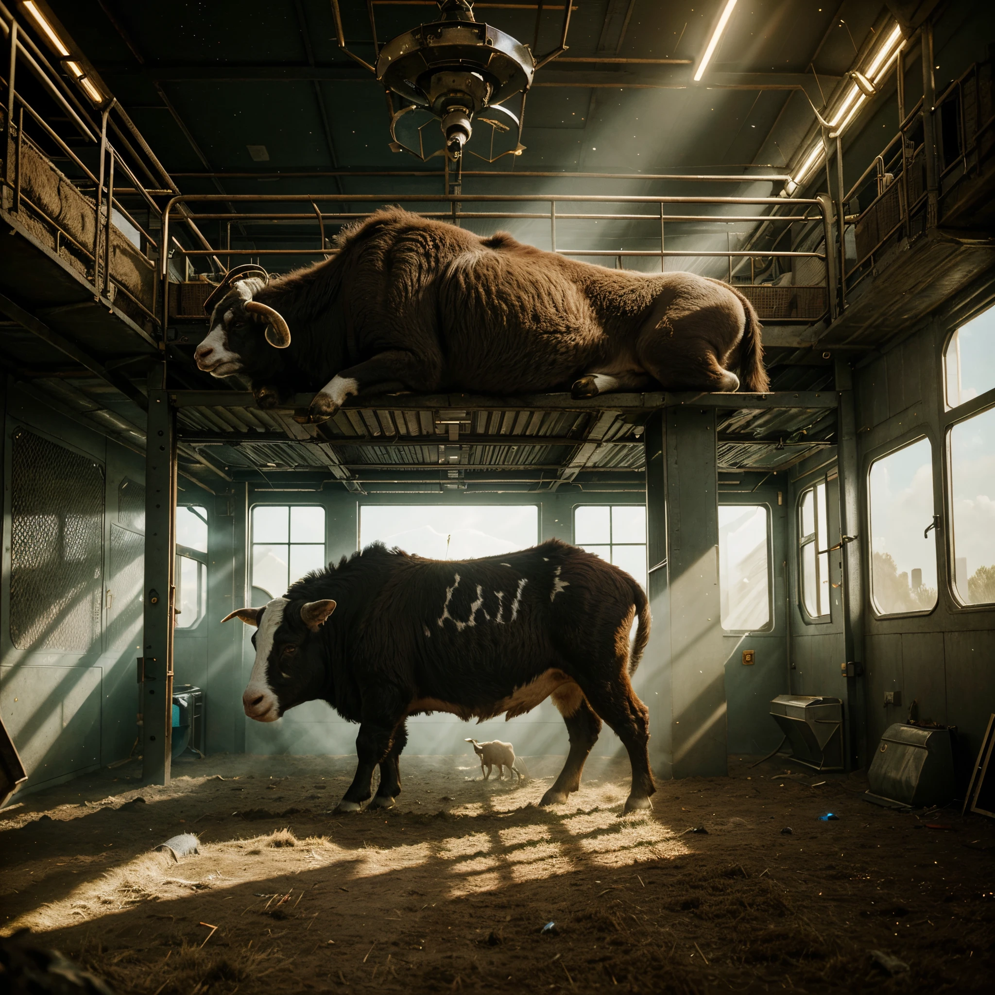 Futuristic Animal farm full of cows, goats and sheep all grouped separately, lights in the room shining a beautiful and vibrant light, cosmic art, cinematic scene, artgerm style, 32k, ultra HD, unreal engine rendered, hyper-realistic  image, sci-fi art, afrofuturism