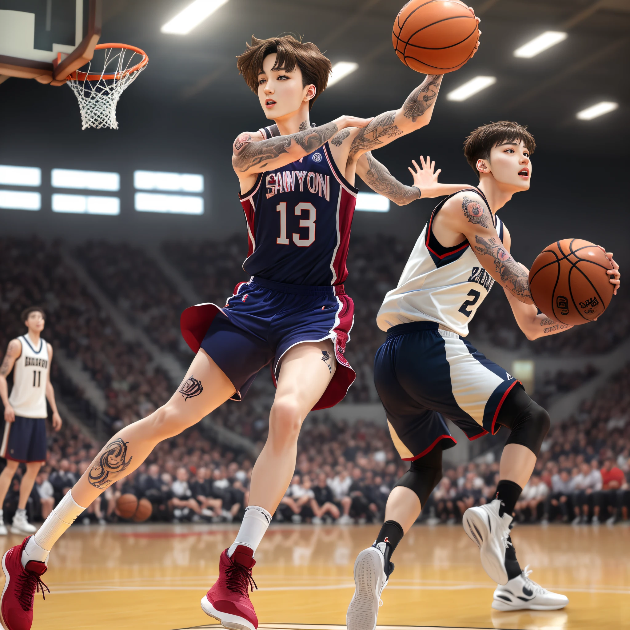 Tattooed Jungkook playing basketball