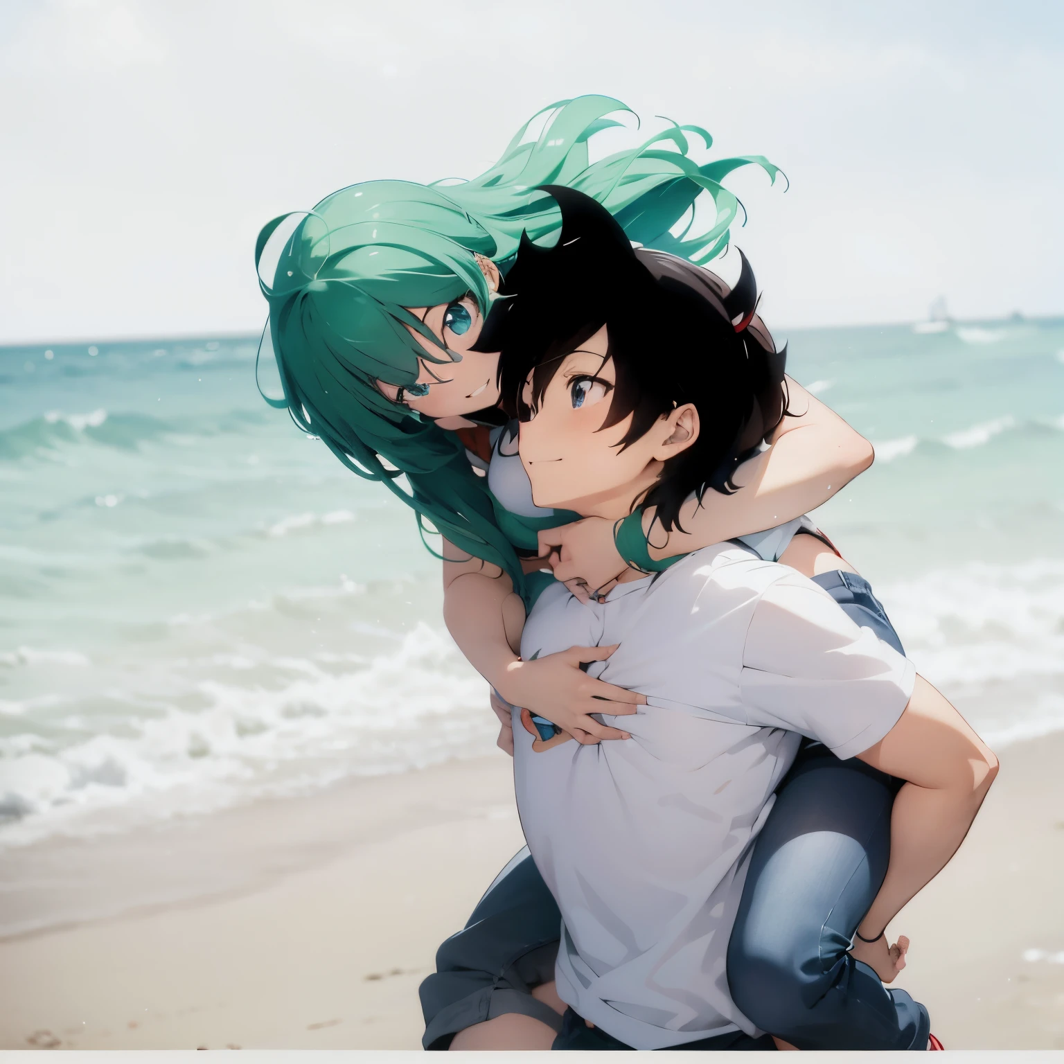 Anime estilo Akira Toryama, rapaz carregando namorada nas costas, sorrisos,passeio na praia