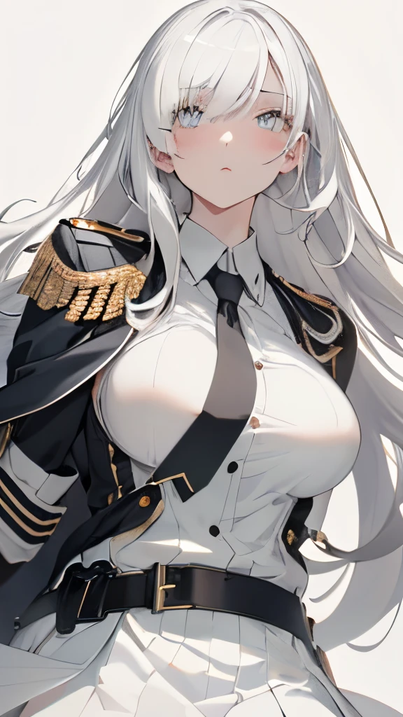 NSFW,Expression of humiliation:1.2,exposed lower body:1.8,exposed breast:1.8 Glare:1.4,tucking up the skirt:1.8,Facing the front,office,Beautiful eyes,Middle hair,bouncing hair,Hats,1girl in,peaked_Cap,Looking at the camera,White hair,uniform,Military,military outfits,soio,epaulets,White jacket,Shogun, Ice blue eyes, Confident and determined expression,Sleek and professional look, toned and muscular body,