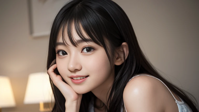 masutepiece, Best Quality, 8K, 15yo student, Teen, Raw photo, absurderes, award winning portrait, Smile, Smile, Solo, Night, neons, Idol face, violaceaess, gardeniass, Delicate girl, Upper body, Digital SLR, Looking at Viewer, Candid, Sophisticated, zora々Right, Thin arms, Professional Lighting, Film grain, chromatic abberation, (Eyes and faces with detailed:1.0), (Bokeh:1.1) , huge-breasted ,bed , Side view