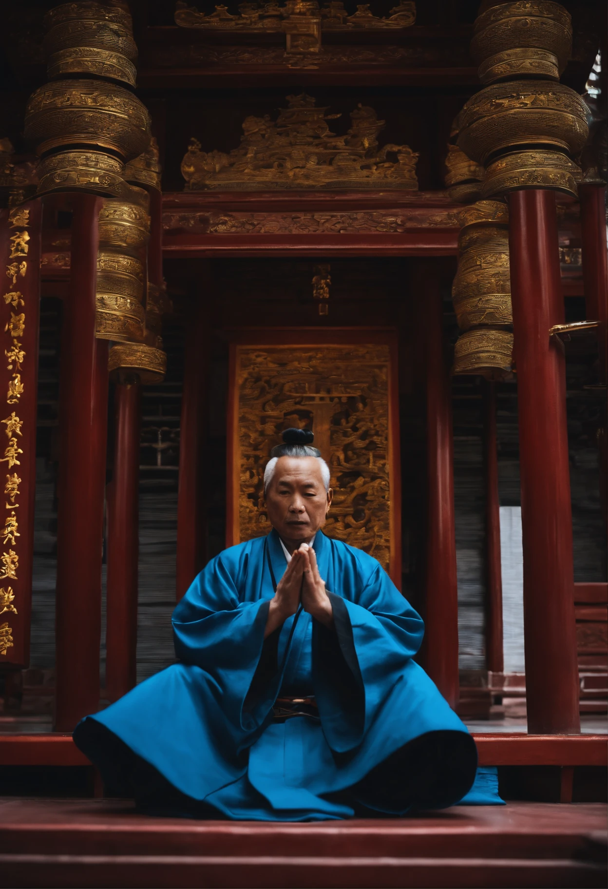 A Taoist priest with immortal demeanor,Wearing a blue Taoist robe in a Taoist temple