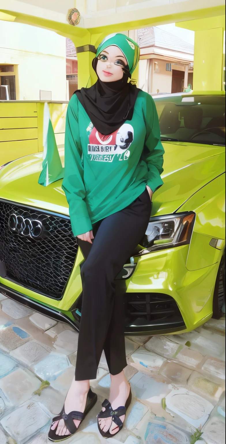 a woman in a green shirt and black pants standing next to a green car, style of flavie audi, inspired by Fathi Hassan, inspired by Shaddy Safadi, faridah malik, 😃😀😄☺🙃😉😗, african ameera al taweel, inspired by Naza, green clothes, green and black, wearing green clothing