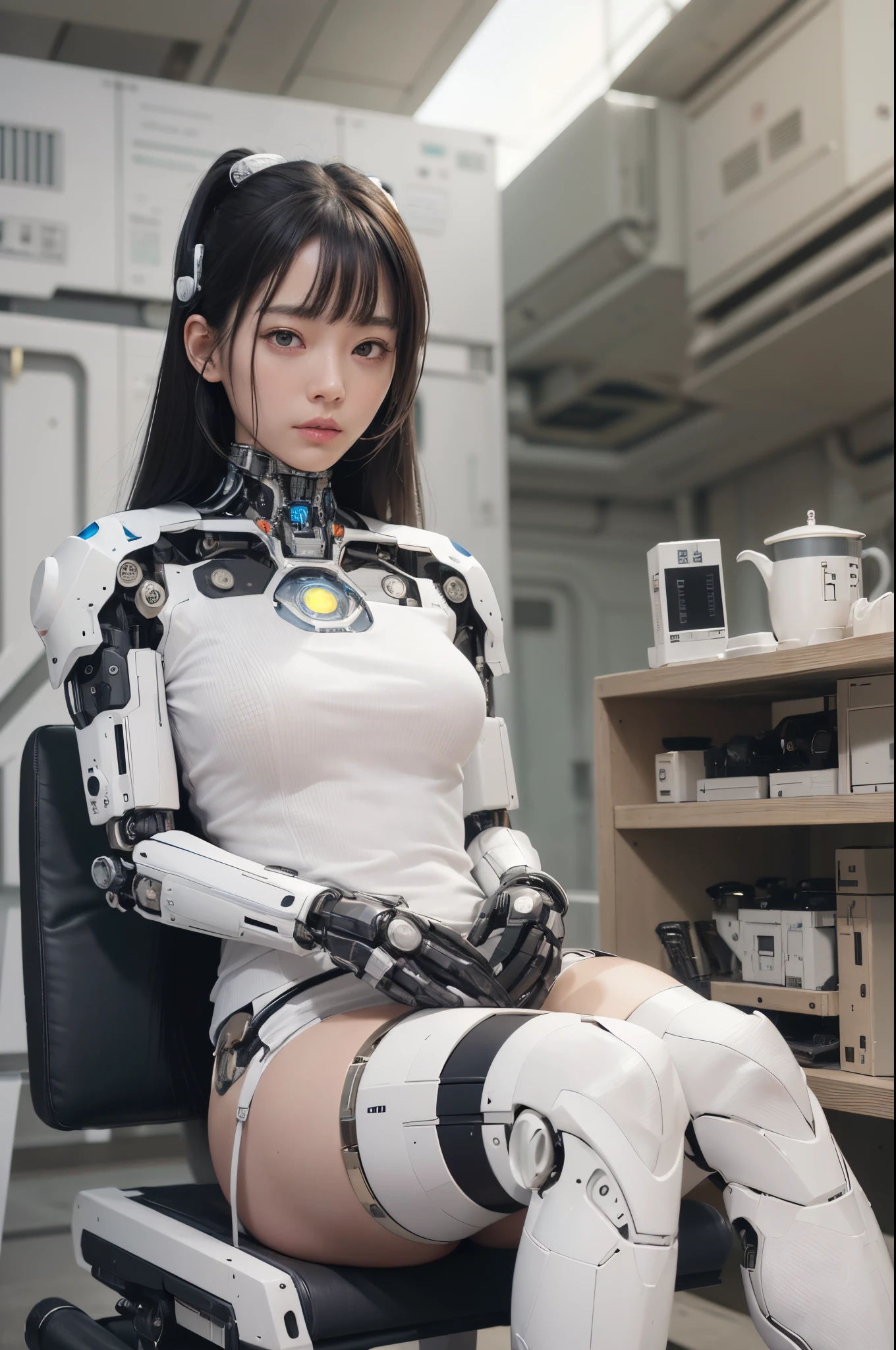 masterpiece, best quality, extremely detailed, (photorealistic:1.4), (RAW photo) (RAW photo) (8K, 4K, Best Quality, hight resolution, 超A high resolution:1.1), (masutepiece, Realistic, Photorealsitic:1.1), 1girl in, Japaese Cyborg girl,Plump , control panels,android,Droid,Mechanical Hand, Robot arms and legs, Black Robot Parts,Black hair,Mechanical body,Blunt bangs,White robotics parts,perfect robot girl,future information counter,reception,long tube,thick cable connected her neck,ceramic body ,mechanical body, ear antenna,mechanical ear cover, loose boots,mechanical costume,android,robot,humanoid,cyborg,information office,japanese android receptionist ,mechanical chest,full eyes,