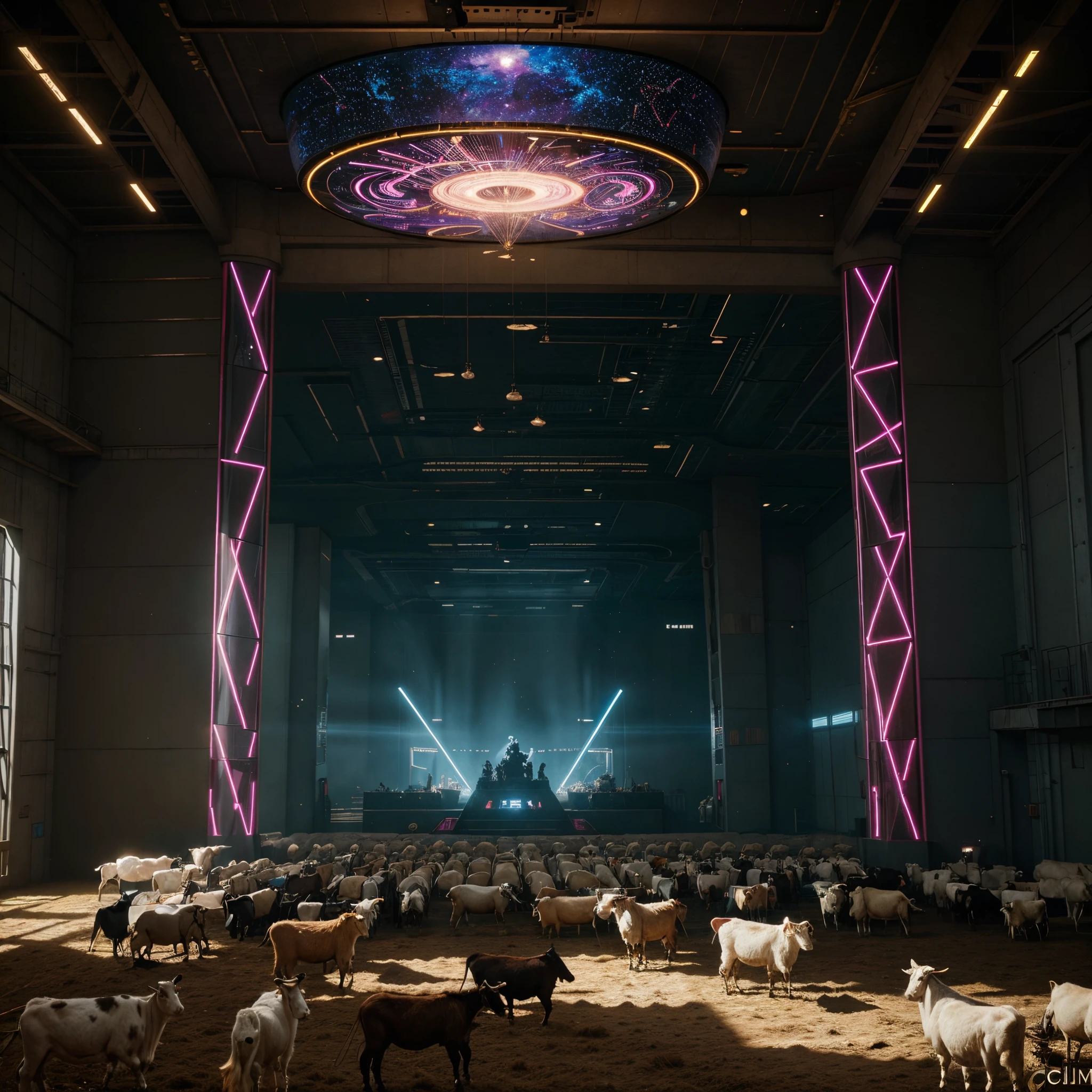 Futuristic Animal farm full of cows, goats and sheep all grouped separately, lights in the room shining a beautiful and vibrant light, cosmic art, cinematic scene, artgerm style, 32k, ultra HD, unreal engine rendered, hyper-realistic image, sci-fi art, afrofuturism