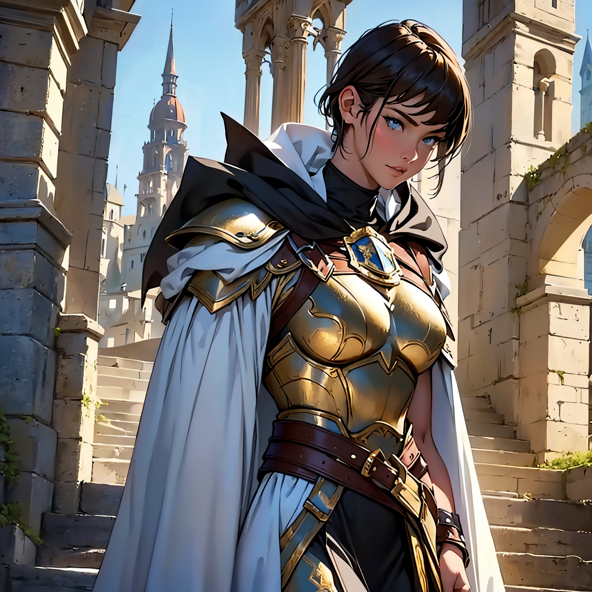 ​masterpiece, Best Quality, 4k, Very detailed, Close-up of a person&#39;Upper body body, Background with:In front of the stairs of a medieval castle built on a lake, Female warrior wearing golden armor and white cloak, Brunette