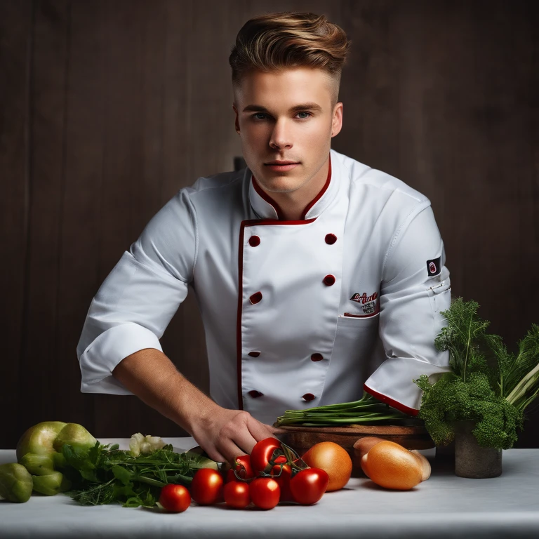 Young white man wearing a chef coat,original,Young white man wearing a chef coat, male,face,photo