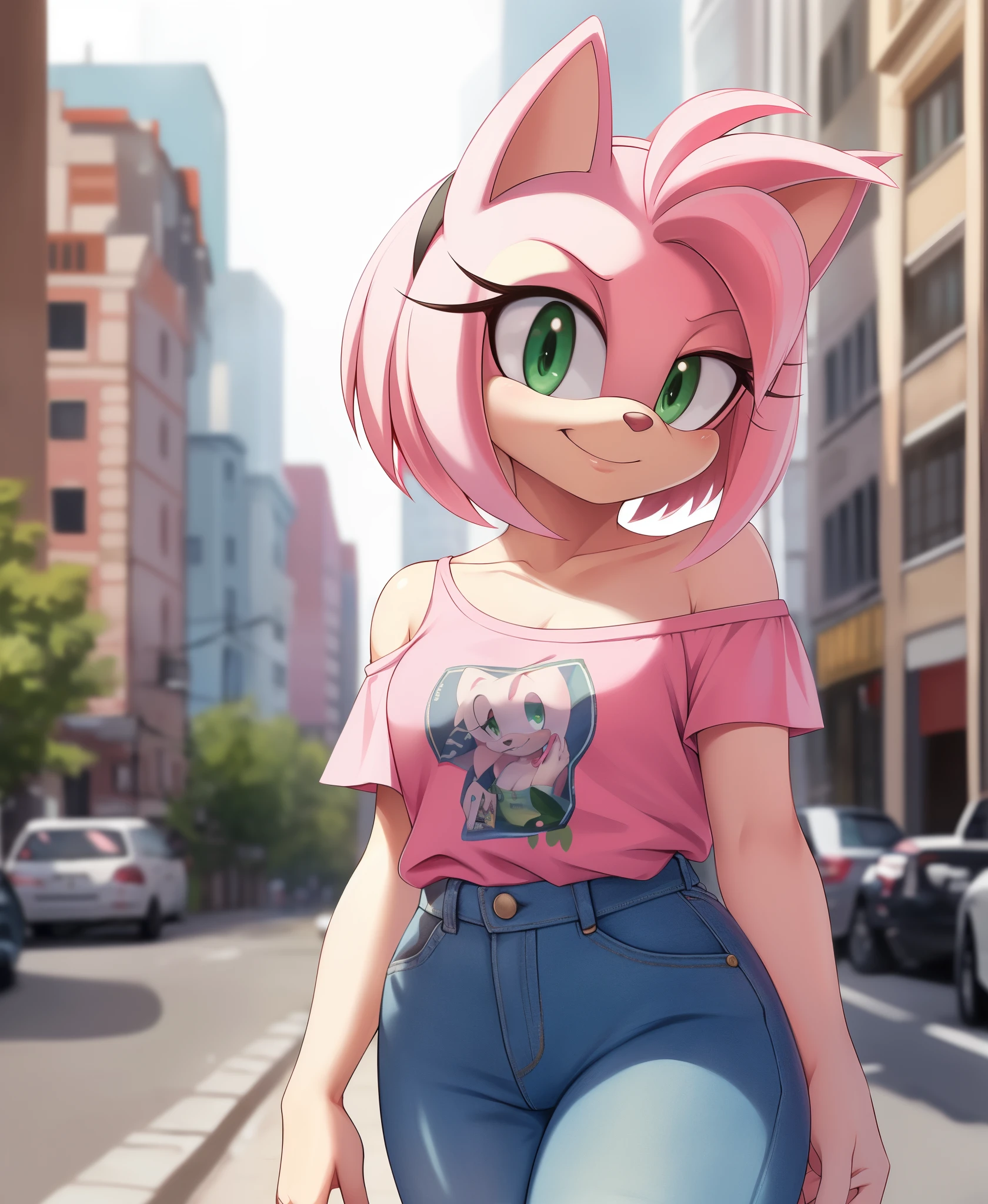 Amy Rose, body pink, 1girl, solo, looking at viewer, seductive smile, high-waist short pants, hairclip, denim, t-shirt, city background, off-shoulders, (masterpiece, best quality, detailed:1.4), detailed green eyes, pink body, furry anthro, furry body