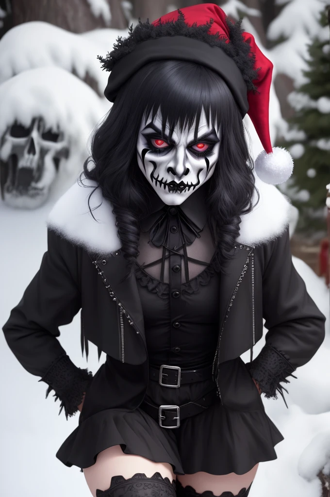 Santa dressed in all black goth corpse paint