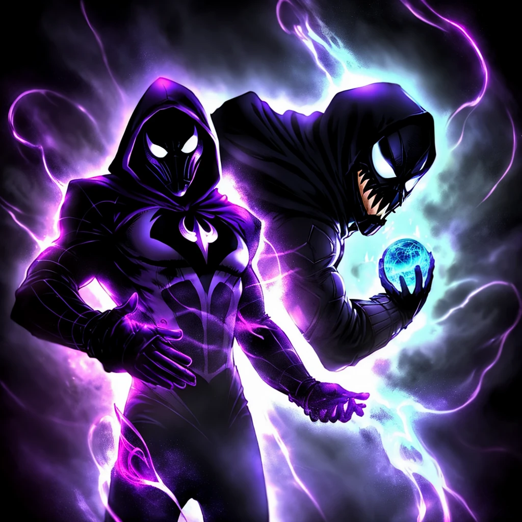 BLACK AND PURPLE MHA symbiote WITH A HOOD. THAT USES MAGIC and curses. Glowing purple webbs.