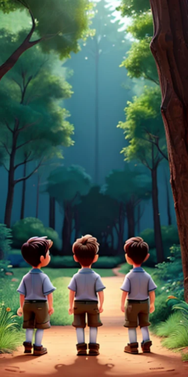Three boys adventuring in a pixar-style forest