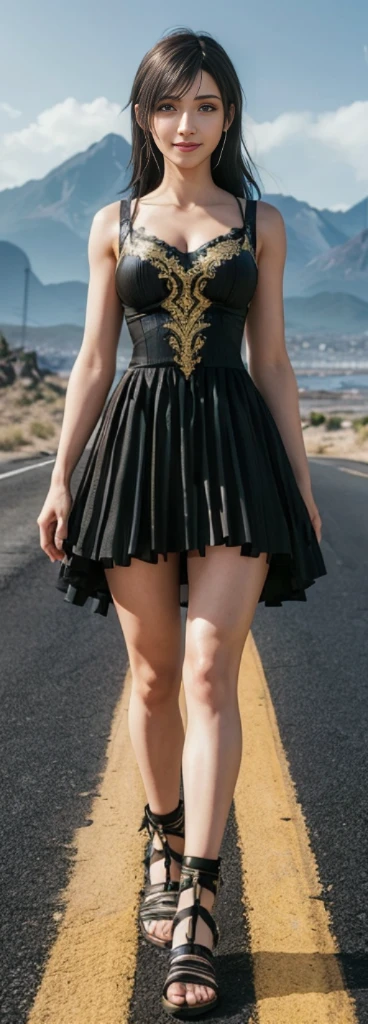 (best quality,ultra-detalhado),(Realistic:1.37),Tifa Lockhart, Rosto bonito e detalhado, maquiagem preta nos olhos, cute smile expression, textura ultra realista, rosto delicado, corpo delicado, Fit physique, usando batom e brilho labial