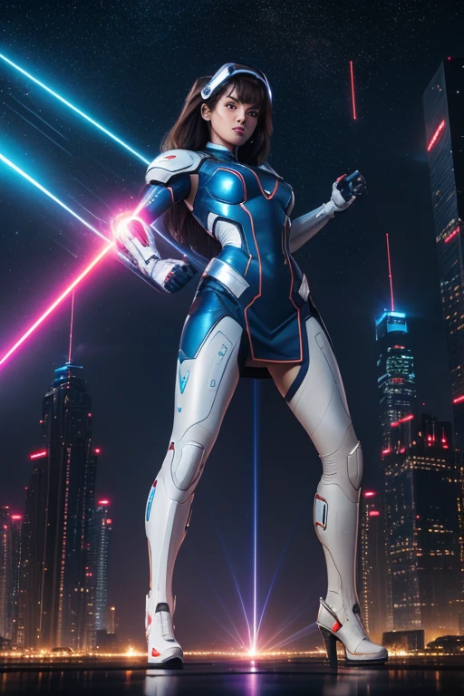 (best quality,8k,high resolution,masterpiece:1.2),ultra-detailed,realistic:1.37,sci-fi female superhero,retro futurism,brunette,red micro dress,beige color pantyhose,neutral white background,high-tech accessories,bionic arms,futuristic headgear,glowing blue eyes,superhuman strength and agility,hoverboots,fly in the sky,energy beams from hands,advanced technology weapons,city skyline,neon lights,nighttime scenery,laser beams,starry sky,reflection on the ground,high contrast colors,dynamic action pose,heroic stance
