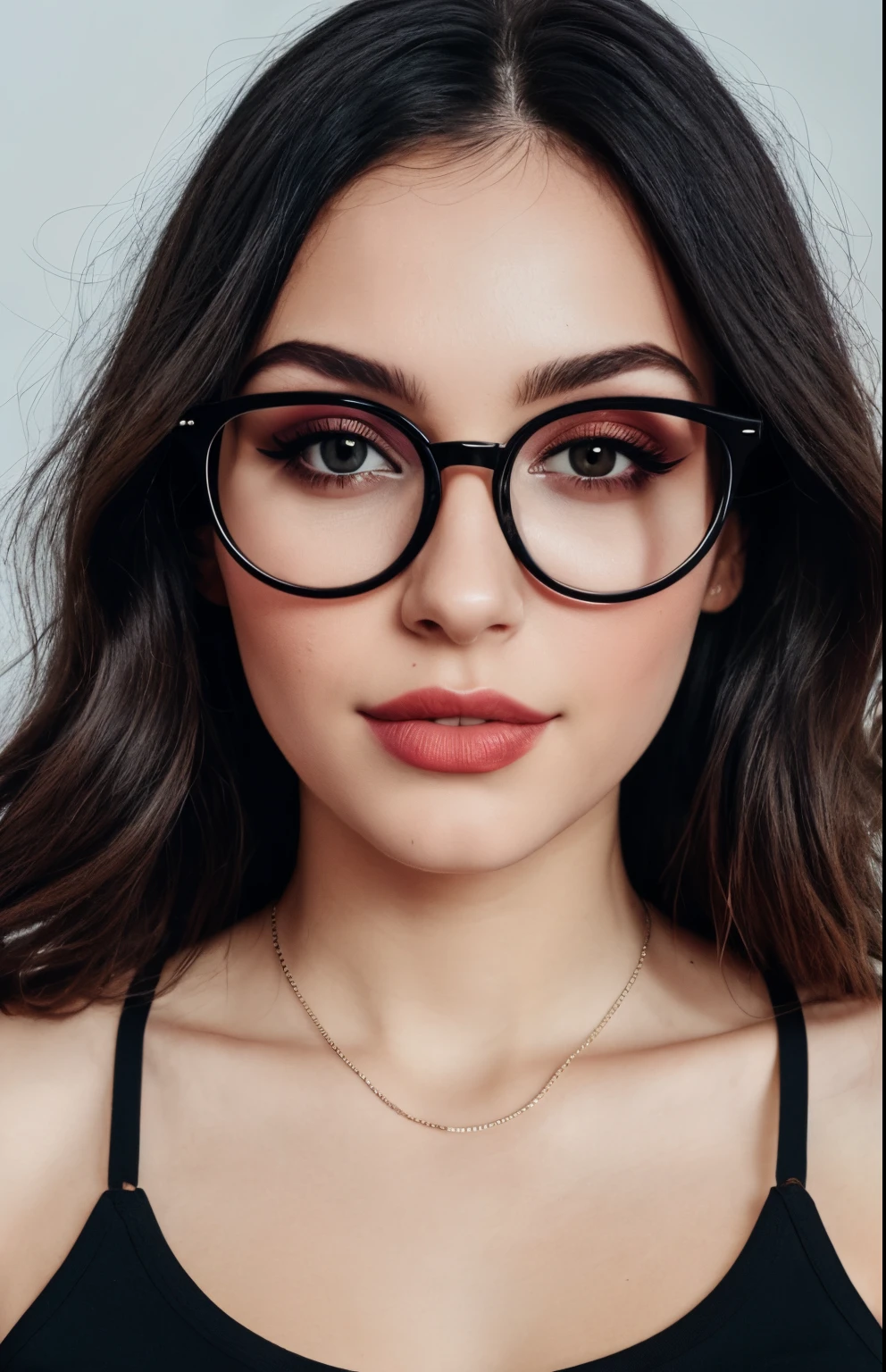 there is a woman with glasses black crop tshirt, big round glasses, girl with glasses, clear lips and high quality, RAW instagram ınfluencer