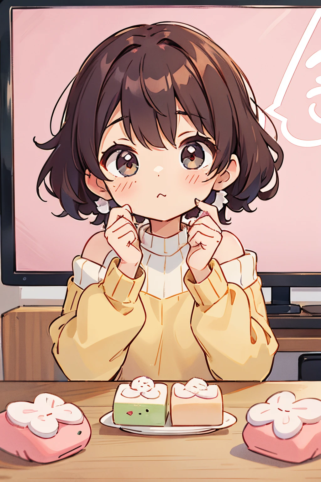 Shoulder sweater, Curly shorthair, hair scrunchie, Twin-tailed, kawaii pose、Eat mochi、TV commercial style pose