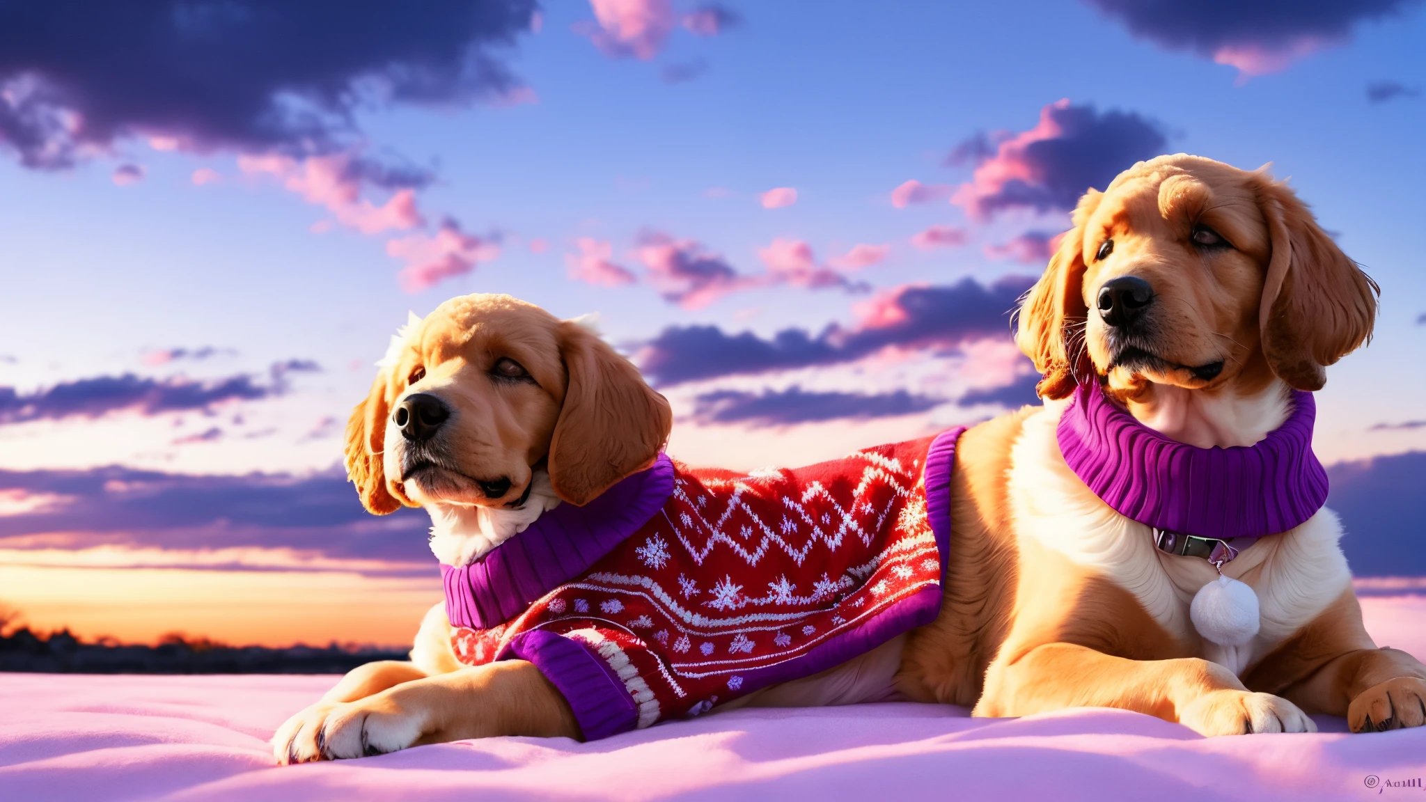 A poodle dog in his Christmas sweater asleep on pink and purple clouds
