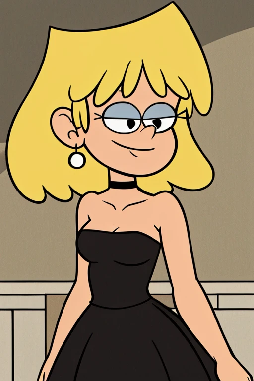 ((masterpiece, best quality)), cartoon style, digital 2D illustration, solo, 1 girl, loriloud, lori loud, highres, blonde hair, black eyes, bare neck, bare shoulders, little black dress, strapless dress, skin-tight dress, small choker, smile, seductive, detailed, soft lighting, in bedroom, standing up.
