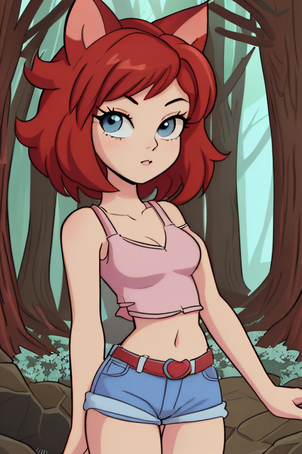 close up 1girl in, teenager, Solo, (pixy cut red hair, short short red hair: 1.28), ((light gray eyes)),  some small freckles, (dark maroon fox ears:1.25), pale skin, medium breasts, cleavage, (thin hips, thin waist: 1.25), (arched back:1.12), detailed skin, mischievous face, pouting, revealing clothes, (wearing cropped tank top, blue jean shorts ripped: 1.1), looking at viewer, (groping chest: 1.34), (standing: 1.22), (detailed magical forest background:1.1), creek, overlooking opening in forest, relaxing, 4k textures, soft light, elegant, highly detailed, sharp focus, soothing tones, insane details, intricate details, hyperdetailed, low contrast, exposure blend, hdr, faded