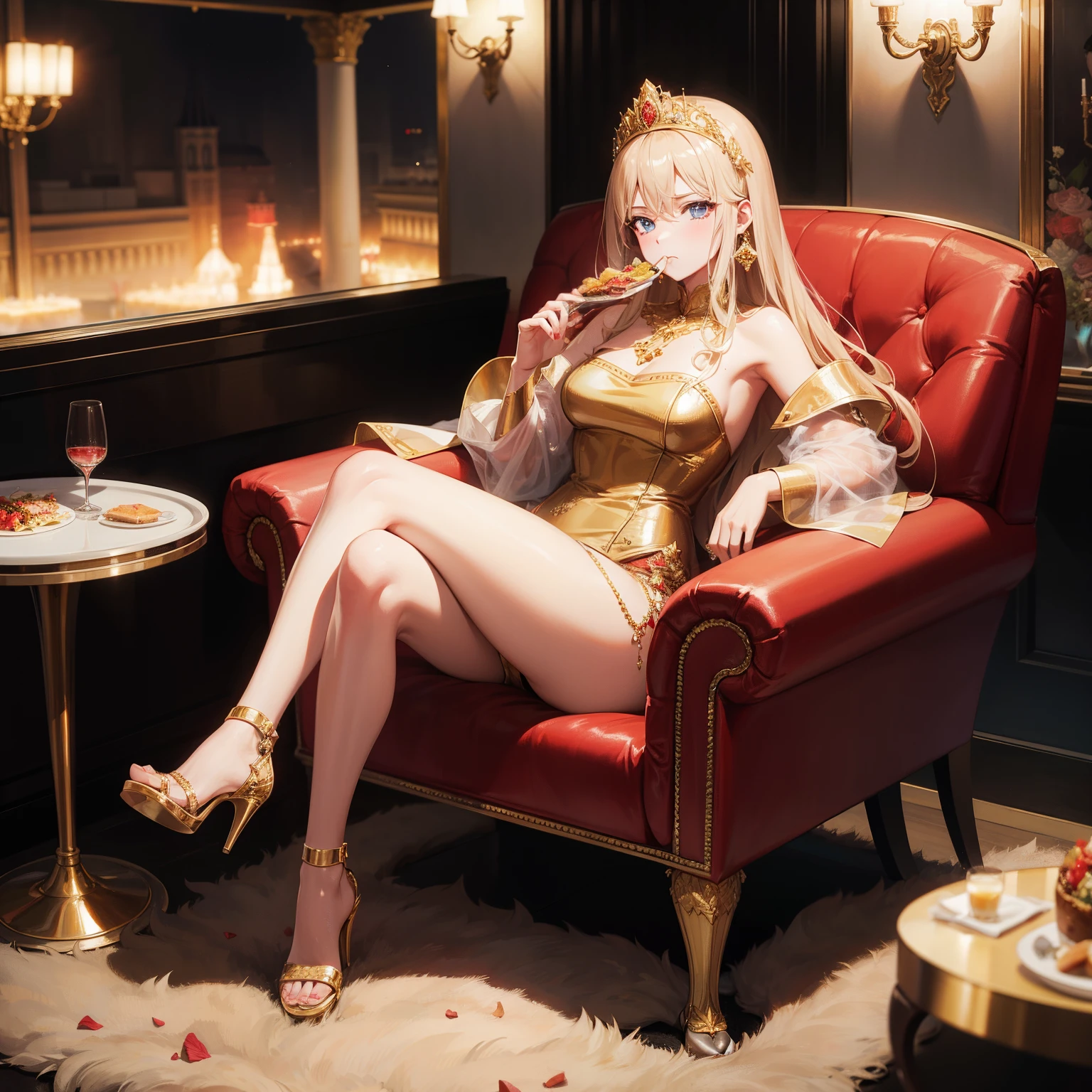 Soviet princess wears gold high-heeled sandals,Eating in a luxury car,turn yourself into a pig