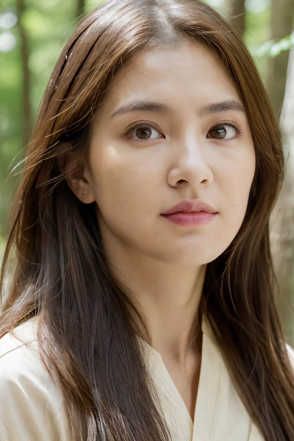 (dense woods: 1), PM,, Light brown eyes, 1人の女性, lightly dressed, (Photorealsitic), (Complex Detail: 1.2), (masuter piece, :1.3), (of the highest quality: 1.4), (超A high resolution: 1.2), (Detailed eye ), (detailed facial features), Strong sunshine, in 8K, (Lens Flare: 0.7), Turned,Feminine poses,The upper part of the body