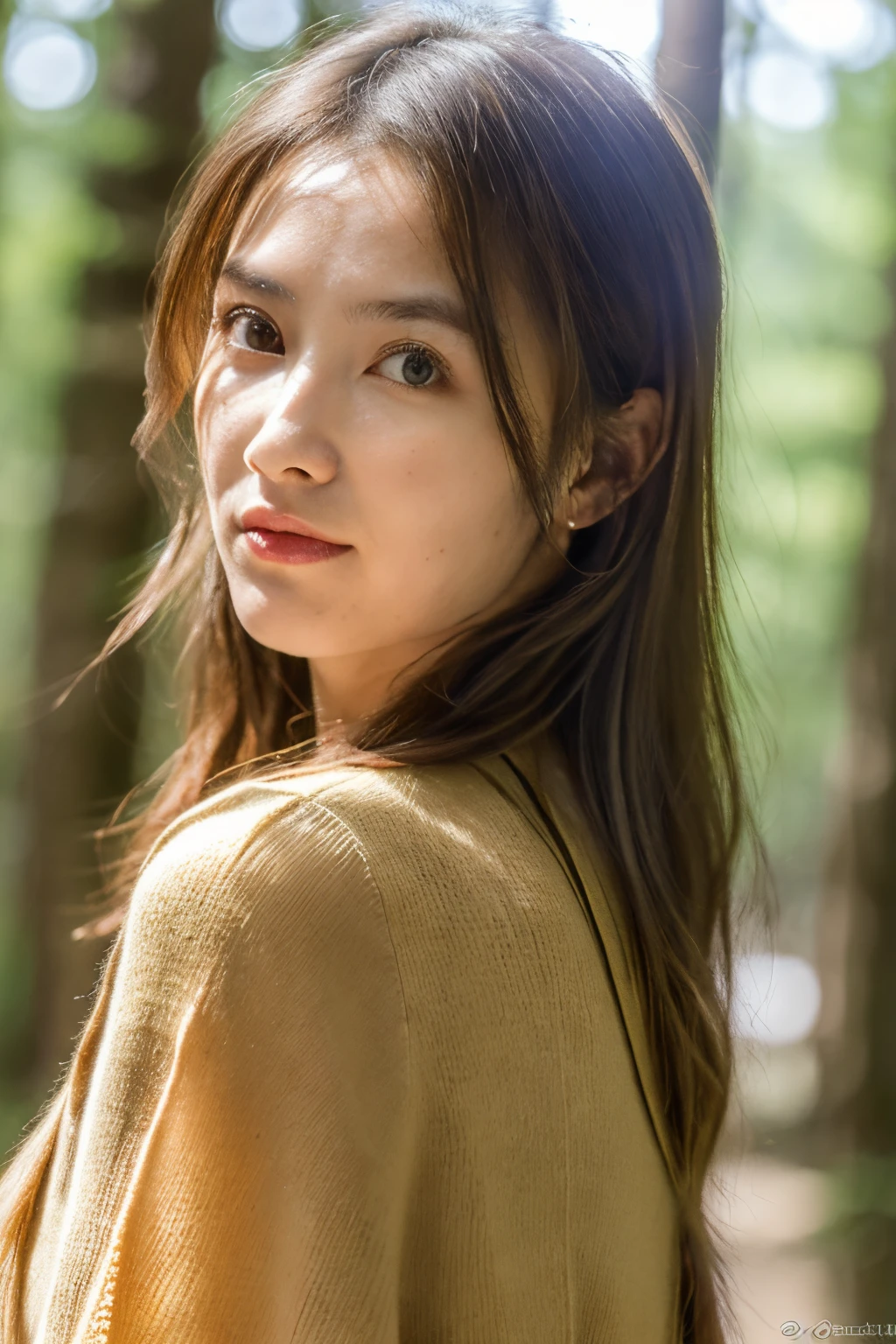 (dense woods: 1), PM,, Light brown eyes, 1人の女性, lightly dressed, (Photorealsitic), (Complex Detail: 1.2), (masuter piece, :1.3), (of the highest quality: 1.4), (超A high resolution: 1.2), (Detailed eye ), (detailed facial features), Strong sunshine, in 8K, (Lens Flare: 0.7), Turned,Feminine poses,The upper part of the body