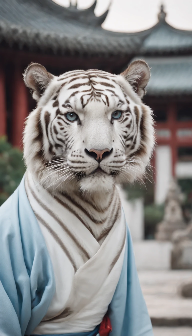 An old Taoist priest,Wearing light blue gi,In the Taoist temple。There is a little white tiger beside me