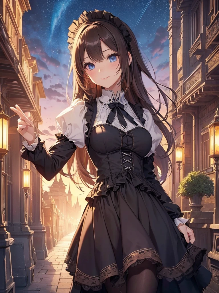 top-quality、Top image quality、masterpiece、Gothic Girl((24 year old、Best Bust、big bast、Bust 90,Beautiful blue eyes、,Brown hair long hair、A slender、a closeup、Esbian、Gothic Maid costume、beautiful apron、hiquality、Beautiful Art、Background with((starrysky)))masutepiece、visualart、depth of fields、low angle of morning sky、、A city that moves with gears、🎵、Happy smile、Gentle light、、Beautiful skins、beutiful breast、beautiful foot、welcome、、accurate fingers、Exact finger count、ticker grand town、steampunc、Lots of gears、Gothic palace、Inside the magnificent palace、stain glass、Artistically、gothic magic