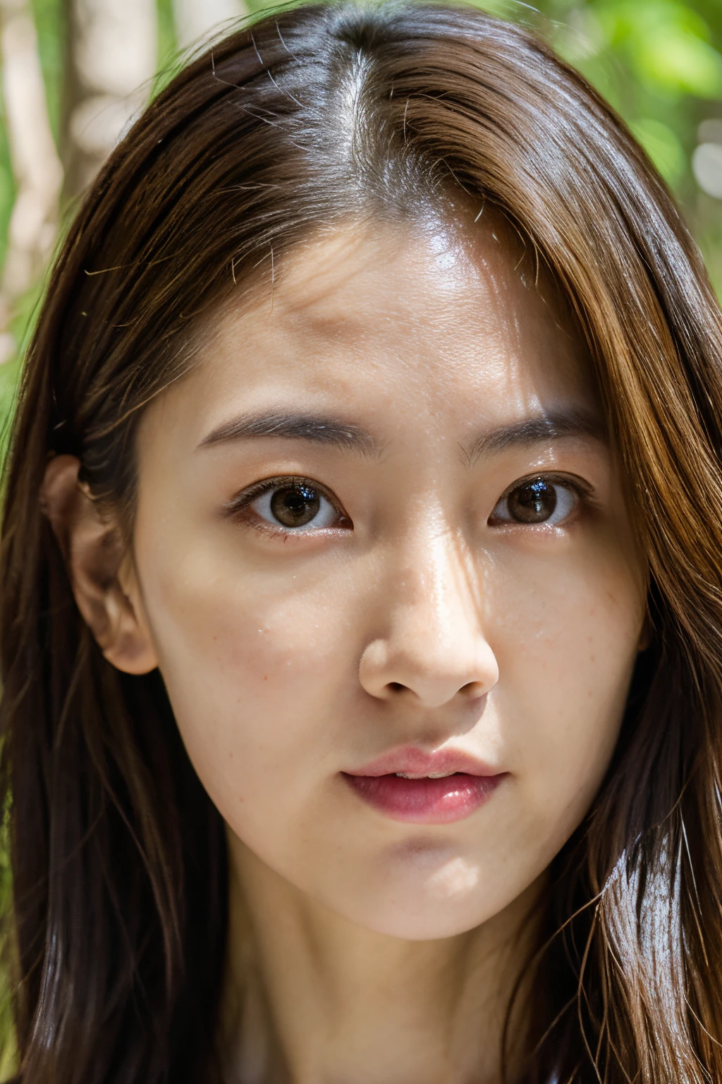 (dense woods: 1), PM,, Light brown eyes, 1人の女性, lightly dressed, (Photorealsitic), (Complex Detail: 1.2), (masuter piece, :1.3), (of the highest quality: 1.4), (超A high resolution: 1.2), (Detailed eye ), (detailed facial features), Strong sunshine, in 8K, (Lens Flare: 0.7), Turned,Feminine poses,The upper part of the body、Scared