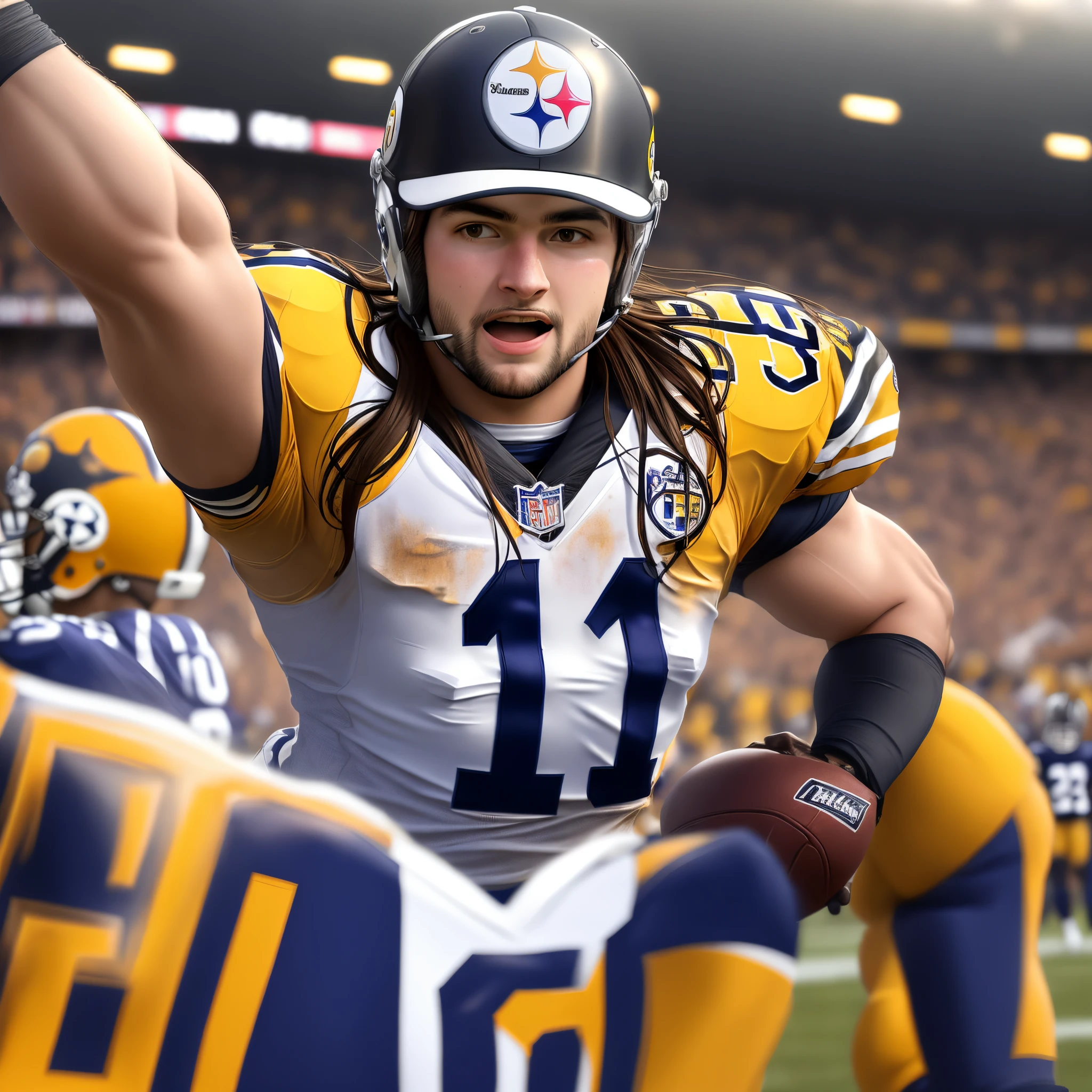 anime girl football player wearing Pittsburgh Steelers uniform running for a touchdown, (shoulder pads), (football pads), sports anime, American football, (large anime eyes), gridiron, sportswear, shoulder pads, ((football helmet)), perfect hands, feminine, ladylike, womanly, beautiful face, ((helmet face mask bars covering lower face)), American football object, speed flex helmet, sailor school girl uniform, bow tie, sailor skirt, football pants, gloves, long socks, jersey numbers, anime aesthetic, realistic proportions, tackle football, masterpiece, best quality, realistic shaded, perfect face, fine details, perfect lighting