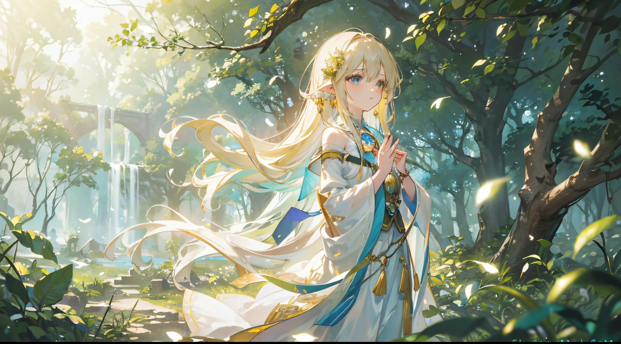 (best quality,4k,highres,masterpiece:1.2),ultra-detailed,realistic, enchanted forest, dreamy atmosphere, ruins, ancient, -old girn the bright forest, ethereal, moss-covered trees, soft sunlight filtering through the leaves, golden rays of light, dancing fairies, shimmering waterfalls, gentle breeze rustling the leaves, vibrant flowers blooming, girl with flowing hair, long flowing dress, innocent expression, peaceful and serene, magical creatures, hidden paths, mysterious whispers, ancient relics, forgotten secrets, a sense of wonder and awe, tranquility, harmony with nature, mystical energy, vivid colors, soft and warm color palette, dappled light, dramatic shadows, ethereal glow, enchanting melodies, whimsical elements, surreal ambiance.