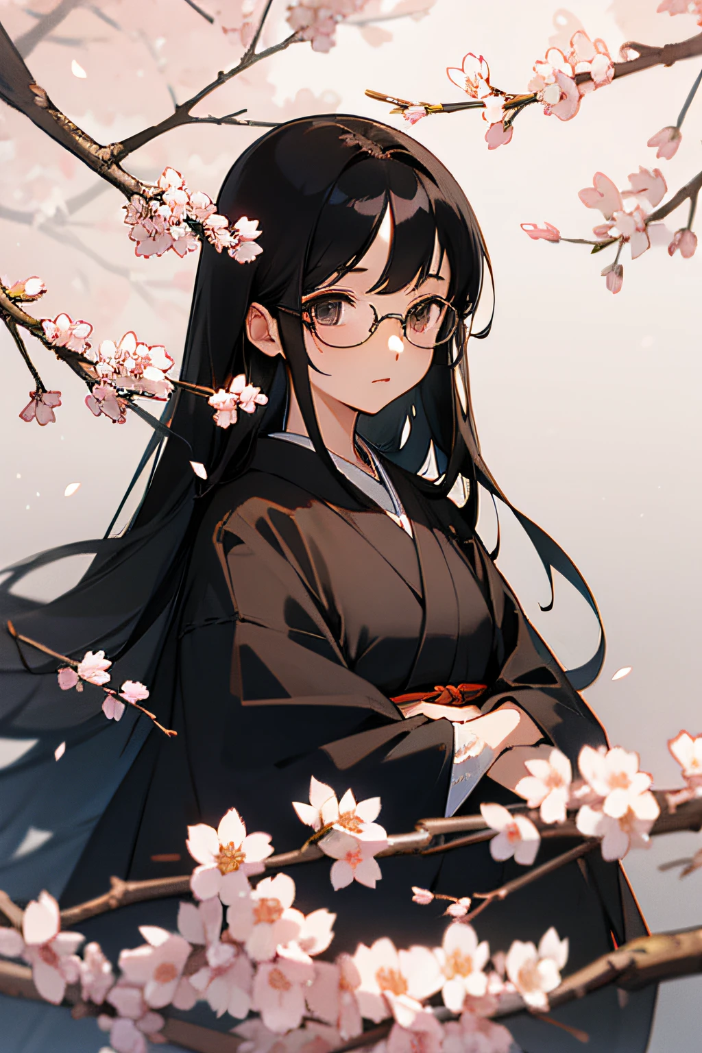 Japanese girl, detailed, long black hair with a ribbon, gray eyes, glasses, background of blossom trees