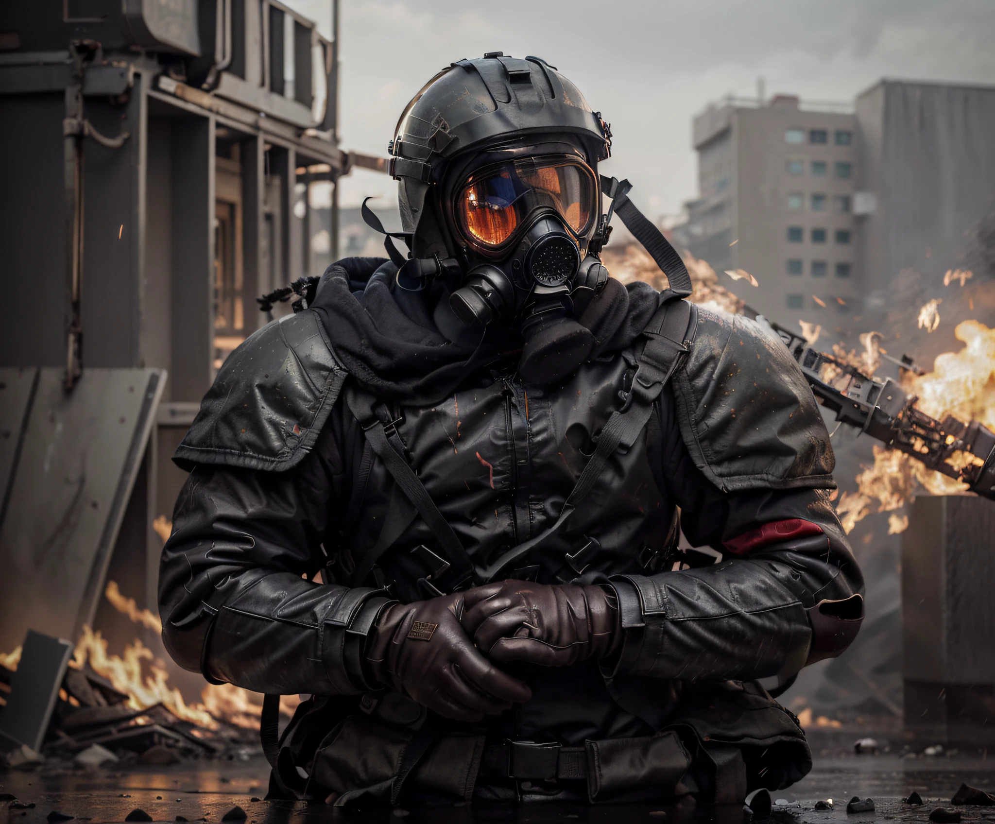 Soldado masculino, metal gas mask completely covers your face, Casco gris oscuro con estrella roja en el medio., Soviet style dark red uniform, metal shoulder pads, botas negras, manos enguantadas, Manos altamente detalladas, Lleva un tomigun, is in a totally destroyed Washington DC, Fuego, humo, 4k, Imagen ultra detallada, realista, Altamente detallado, perfect composition, splendid, Intrincadamente detallado, Incredibly detailed, 8 k artistic photography, hiper detallado, Obra maestra, Ultra detallado, Hiperrealista, 4k, Imagen ultra detallada, realista, Altamente detallado, perfect composition, splendid, Intrincadamente detallado, Incredibly detailed, 8K fine art photography, hiper detallado, Obra maestra