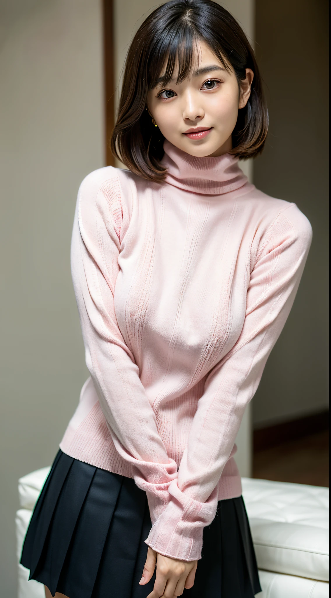 Best-quality, Masterpiece, Ultra-High-Resolution, (Photorealistic:1.4), Raw-Photo, Extremely-Details, Perfect-Anatomy, 1girl, 30-years-old, the most popular Japanese actress, ((hands on cheeks):1.3), (((wearing light pink knitted turtleneck sweater, and black pleated skirt))), looking at viewer, beautiful smile, extremely beautiful face like a most famous Japanese actress, extremely beautiful big black solid circle eyes, (extremely beautiful black short-cut-haired), extremely beautiful lips, extremely beautiful white skins, extremely beautiful big breasts, extremely beautiful body, extremely beautiful thighs, detailed white knitted turtleneck sweater, detailed black pleated skirt