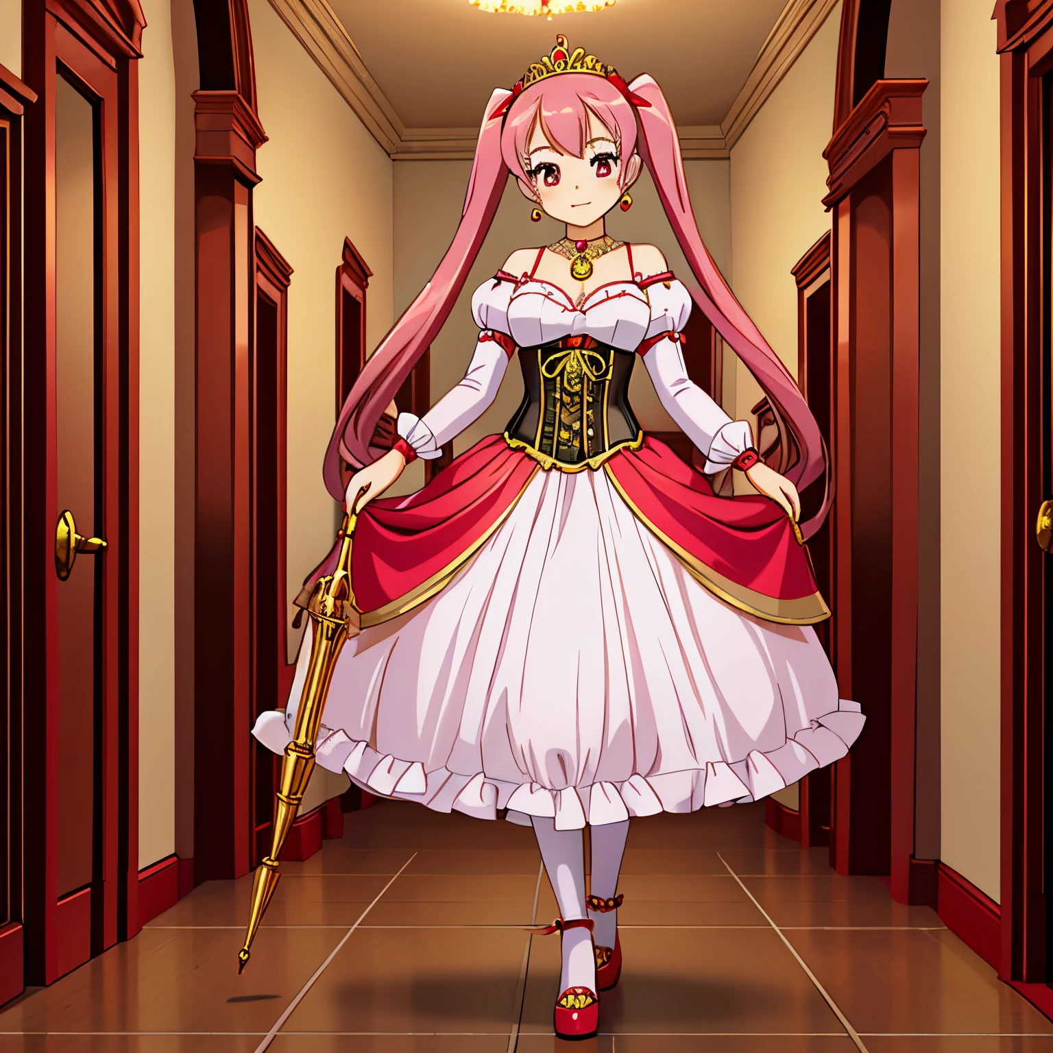Pretty 15 years old princess, drawn in anime style, is cute and happy, long red pigtails hair, pink eyes, small breast, makeup and lipstick, steampunk, red and white ball gown with puffy sleeves, petticoat, bustle, corset, hair ribbons, white elbow gloves, ruby earrings and necklace, gold tiara, high heels, wielding a fire magic staff, walking in castle hallway, highly detailed, 4K.
