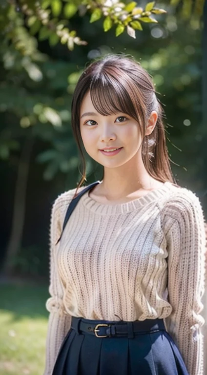 beautiful japanese female、chubby figure、Flushed cheeks、A refreshing smile、Cute little girl s、A little clumsy face、de pele branca、独奏、fullllbody、knitted sweater、skirt by the、is standing、Sparkling eyes、shiny lip、Looking at the camera、Look at viewers、超A high resolution、hight resolution、high-level image quality、in 8K、rialistic photo、Real live-action、Raw photography、Raw photo、top-quality、masterpiece、masutepiece、Very nice、ren、Beautiful fece、Photorealsitic、Photon mapping、Realistic、Physically Based Rendering、depth of fields、Blurry background、a short bob
