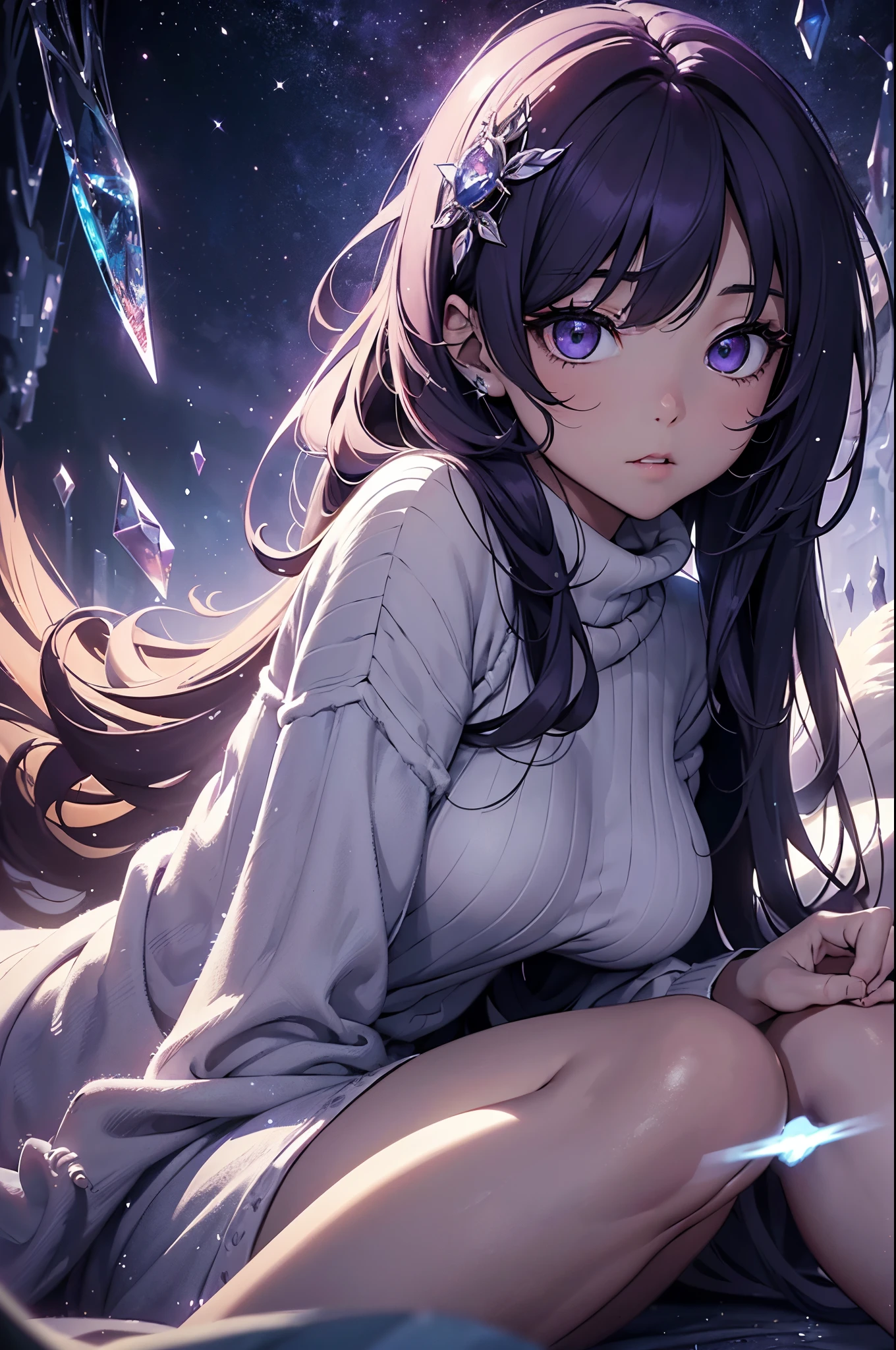 (Official art、Best Quality、Unity 8k Wallpapers、32K、masterpiece、ultra-detailliert、超A high resolution、realisitic、Photorealsitic:1.2)、(Cinematic lighting:1.2)、Fireglow effect、film grains、Best Shadows、Rim lighting、side lights、sideshot、(Ultra-detailed and complex 3D rendering)、Detailed beautiful face and eyes、A slender、Medium bust、(Full body:1.2)、 Highly detailed background、beauitful face、blurry backround、14 year old beautiful girl、fluffy sweater、Ice Dungeon、3D space、Bands of Light、glowing purple particles、lying on a crescent bed、Ukiyoe-like