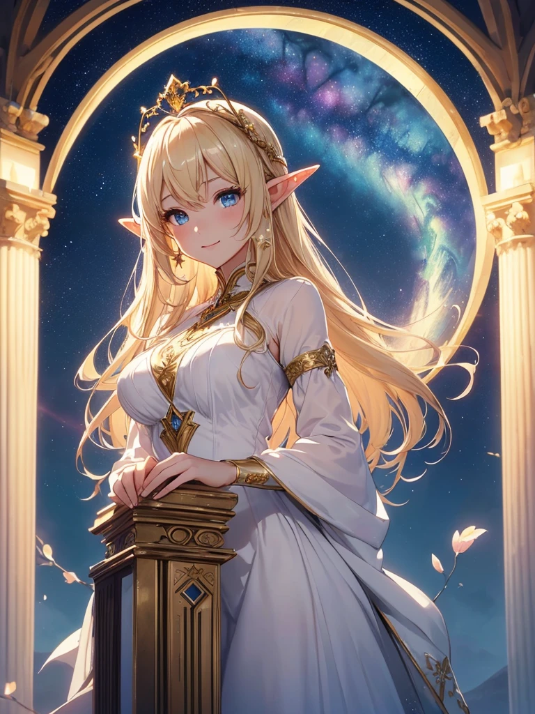 top-quality、Top image quality、​masterpiece、Full body naked girl((24 year old、Best Bust、big bast、Bust 90,Beautiful blue eyes、,Blonde long hair、A slender、a closeup、Esbian、beautiful tiara、hiquality、Beautiful Art、Background with((starrysky)))masutepiece、visualart、depth of fields、low angle of morning sky、、Elven ears、、light magic、kosmos、mid night、harp melody🎵、Happy smile、Gentle light、、Beautiful skins、beutiful breast、beautiful foot、welcome、、accurate fingers、Exact finger count、ticker beautiful dress、A sexy、Mystical　　Sleep in the flower garden、flower  field、roses、the woods、Marble pillars、Magnificent temple、Throne Room